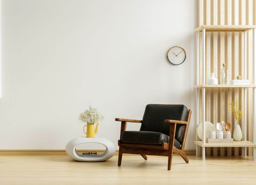 Living room have black leather armchair and decoration minimal