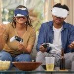 Man, woman and virtual reality video game and challenge, competition winner and futuristic gaming d